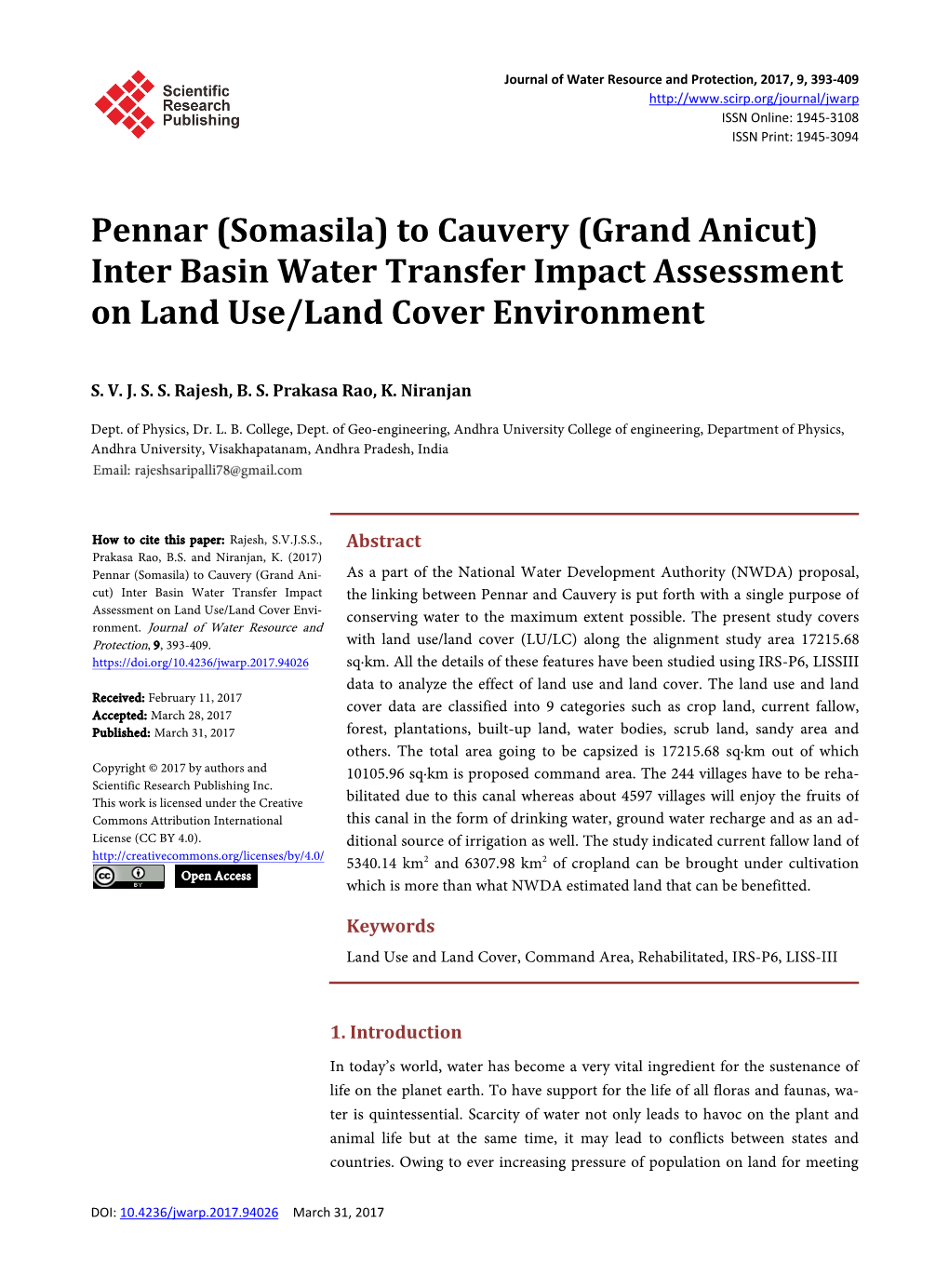 Pennar (Somasila) to Cauvery (Grand Anicut) Inter Basin Water Transfer Impact Assessment on Land Use/Land Cover Environment