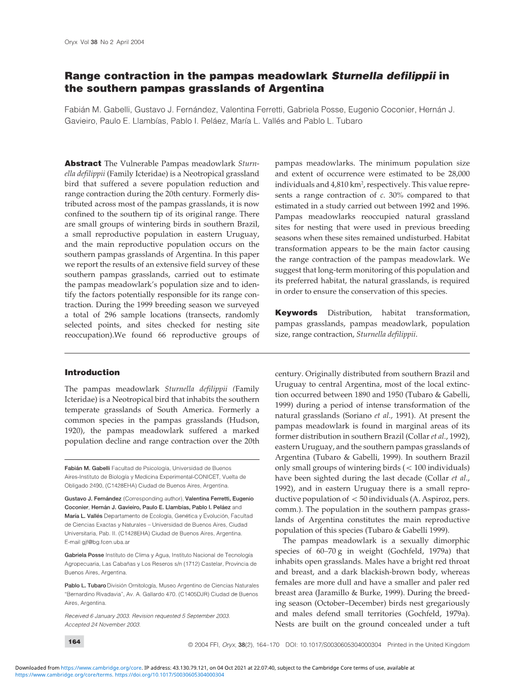 Range Contraction in the Pampas Meadowlark Sturnella Defilippii in the Southern Pampas Grasslands of Argentina