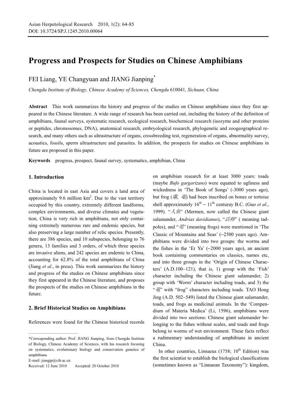 Progress and Prospects for Studies on Chinese Amphibians