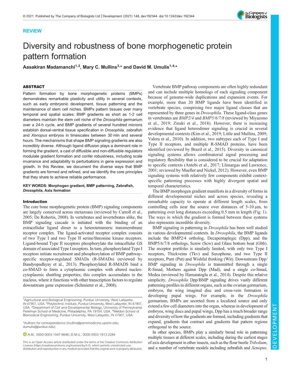 Diversity and Robustness of Bone Morphogenetic Protein Pattern Formation Aasakiran Madamanchi1,2, Mary C