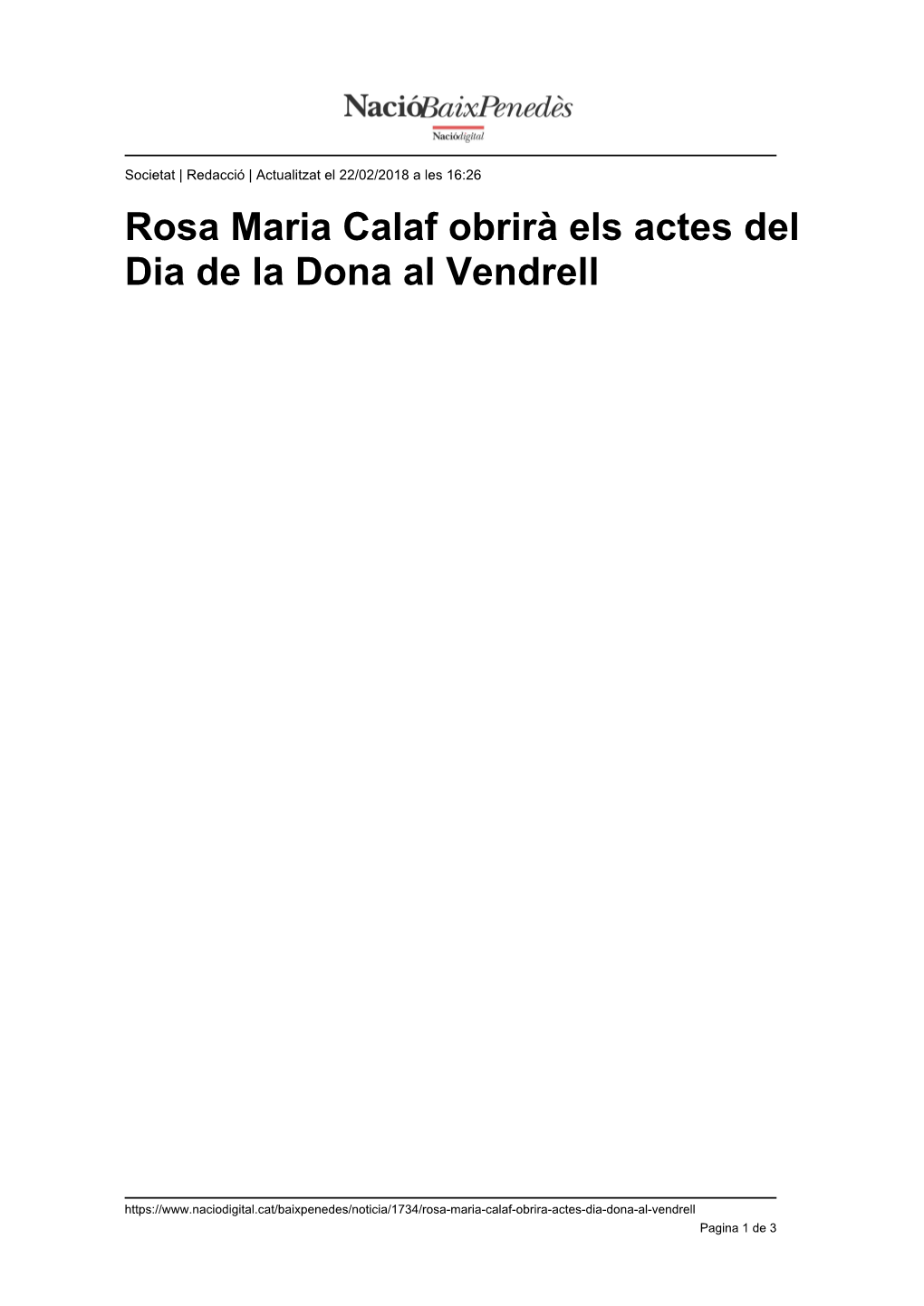 Rosa Maria Calaf Obrirà Els Actes Del Dia De La Dona Al Vendrell
