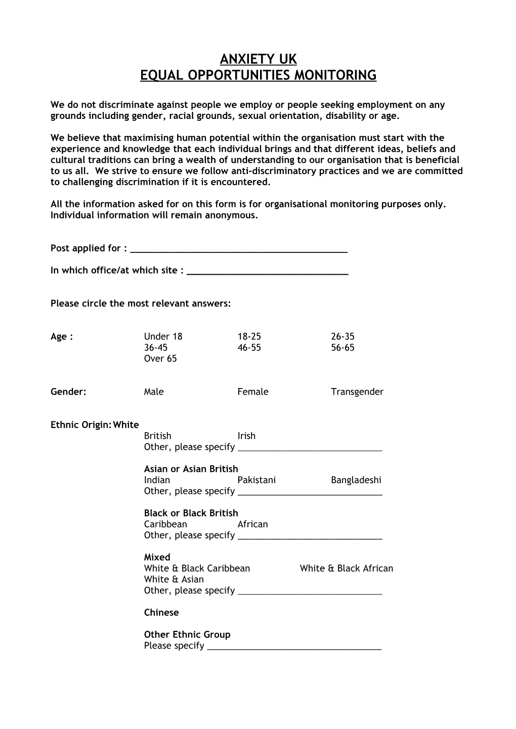 Equal Opportunities Monitoring