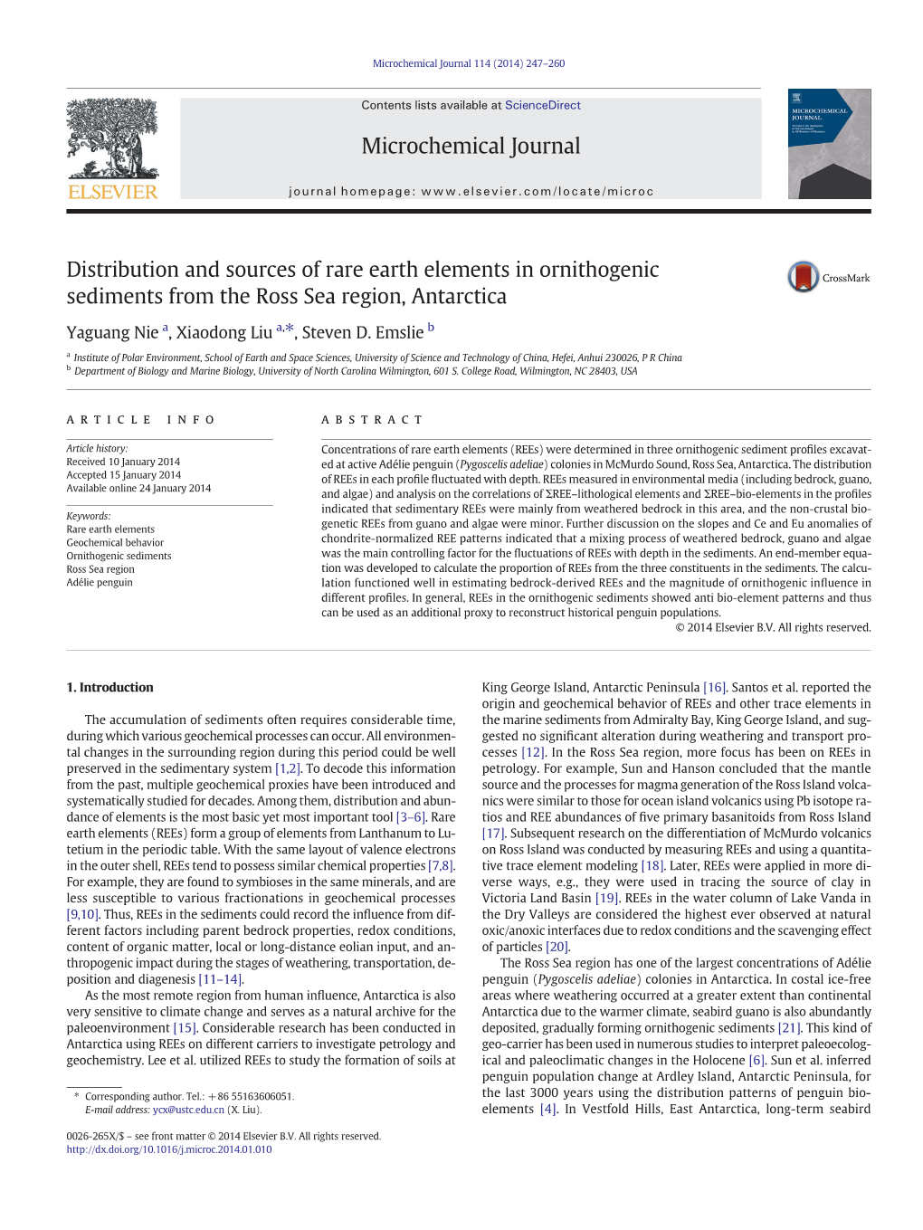 Distribution and Sources of Rare Earth Elements in Ornithogenic Sediments from the Ross Sea Region, Antarctica