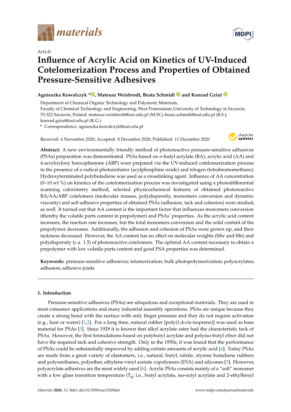 Influence of Acrylic Acid on Kinetics of UV-Induced Cotelomerization