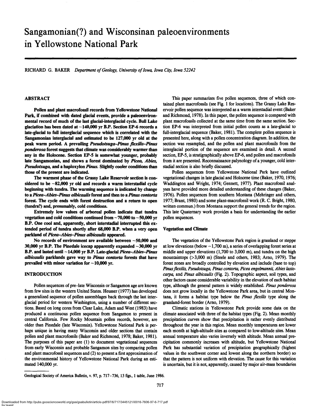 And Wisconsinan Paleoenvironments in Yellowstone National Park