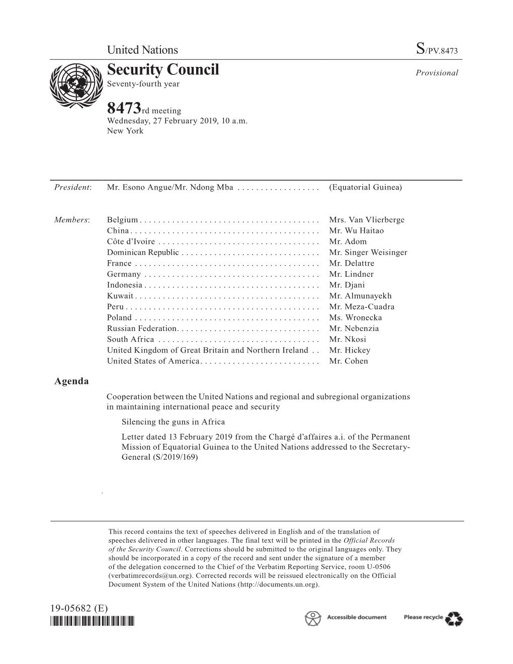 S/PV.8473 Cooperation Between the United Nations and Regional and Subregional Organizations 27/02/2019