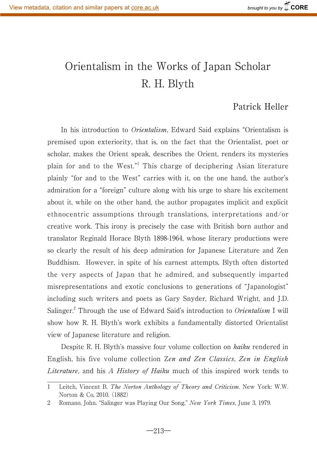 Orientalism in the Works of Japan Scholar R. H. Blyth