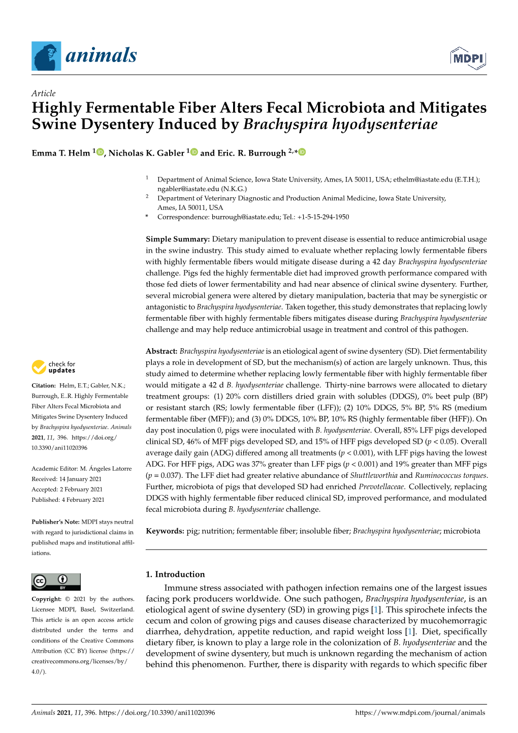 Highly Fermentable Fiber Alters Fecal Microbiota and Mitigates Swine Dysentery Induced by Brachyspira Hyodysenteriae