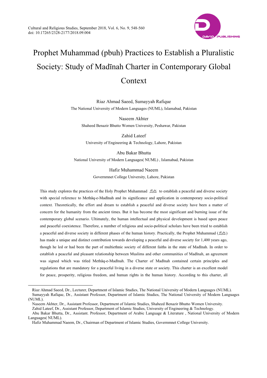 Prophet Muhammad (Pbuh) Practices to Establish a Pluralistic Society: Study of Madīnah Charter in Contemporary Global Context