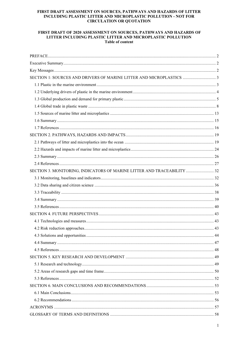 First Draft Assessment on Sources, Pathways and Hazards of Litter Including Plastic Litter and Microplastic Pollution - Not for Circulation Or Quotation