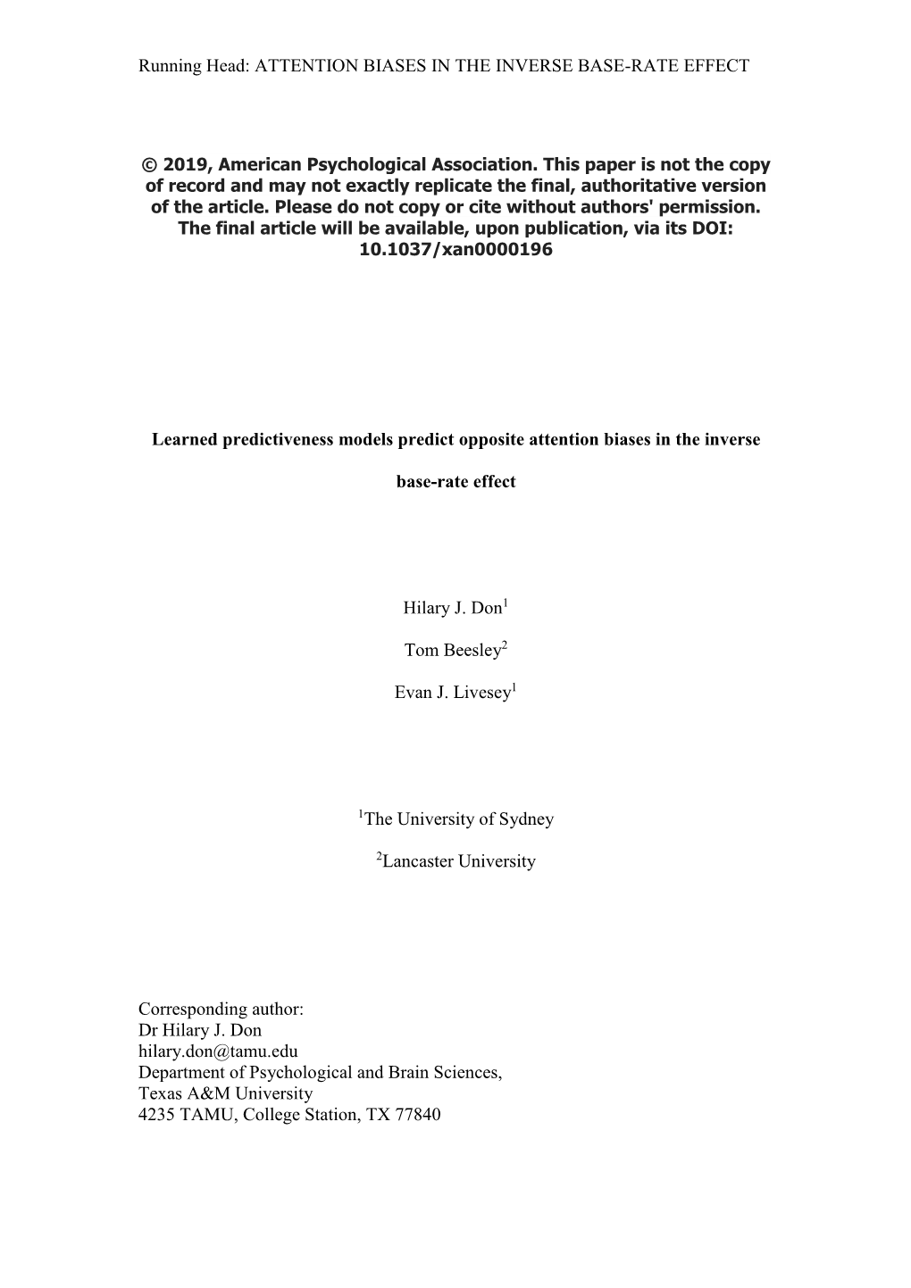 Running Head: ATTENTION BIASES in the INVERSE BASE-RATE EFFECT