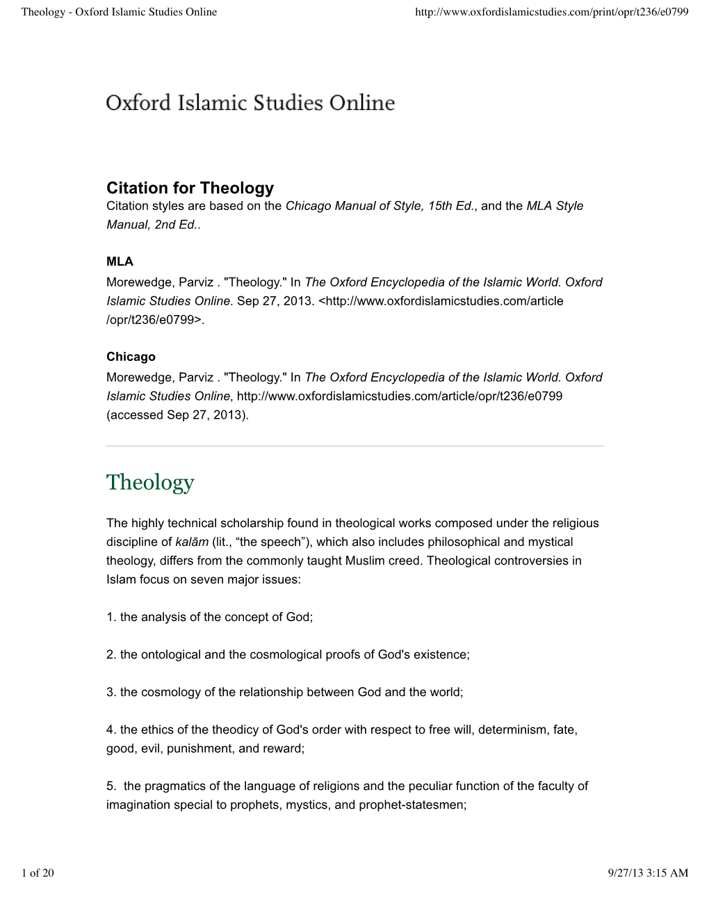 Theology - Oxford Islamic Studies Online