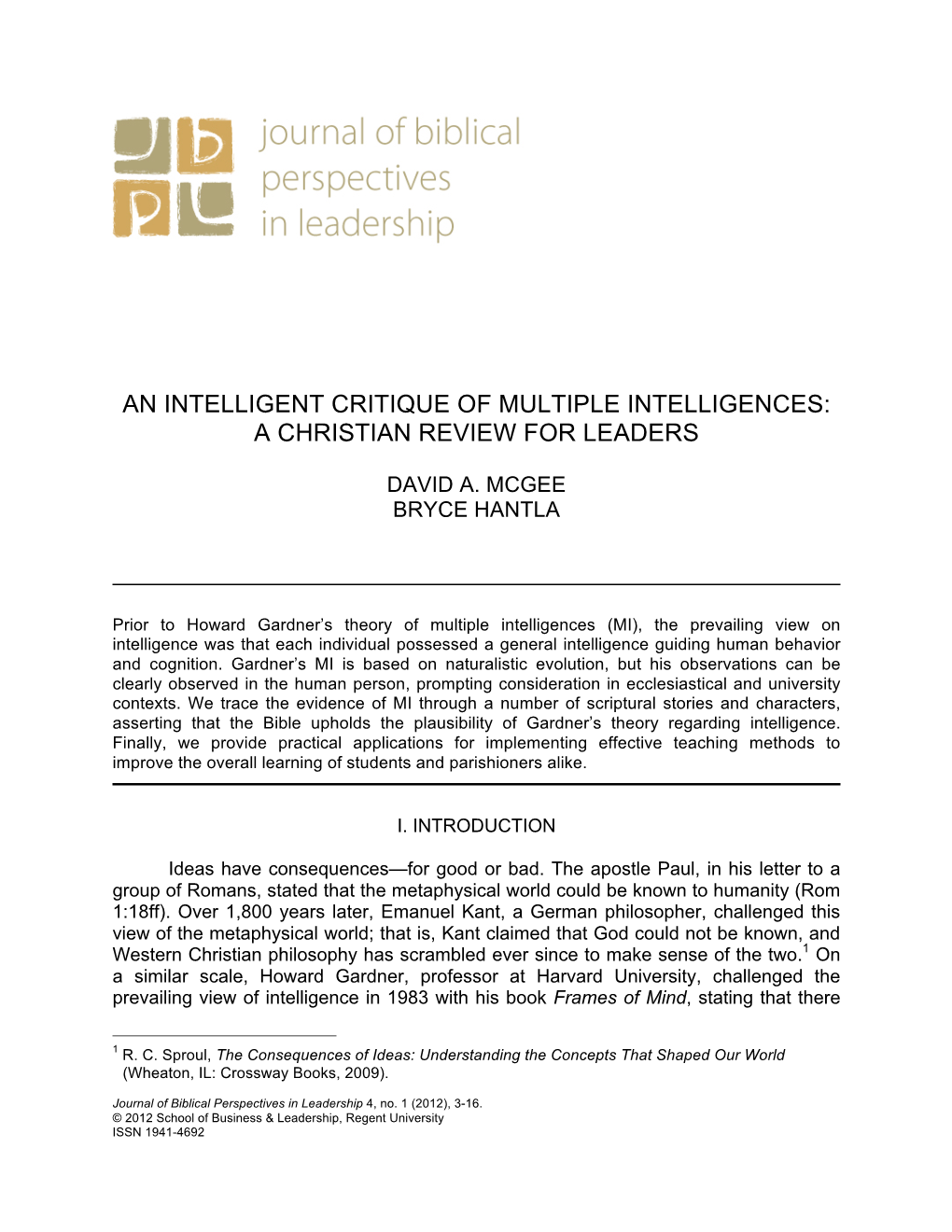 An Intelligent Critique of Multiple Intelligences: a Christian Review for Leaders