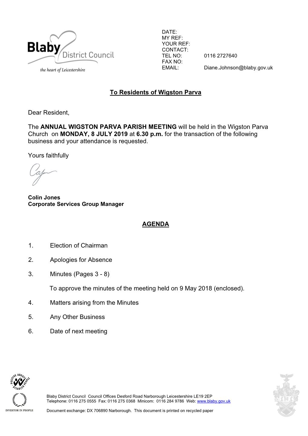 (Public Pack)Agenda Document for Wigston Parva Parish Meeting, 08