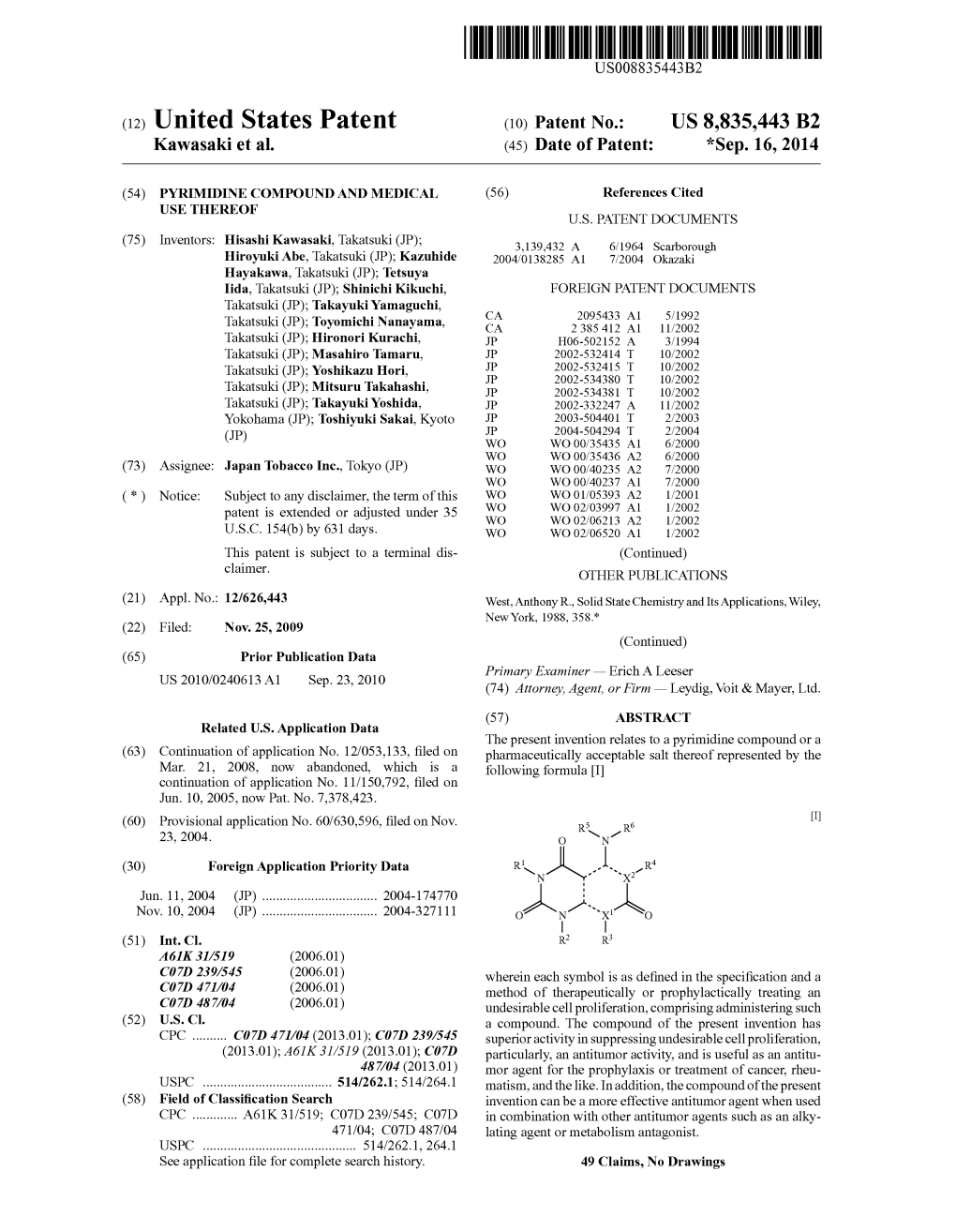 (12) United States Patent (10) Patent No.: US 8,835,443 B2 Kawasaki Et Al