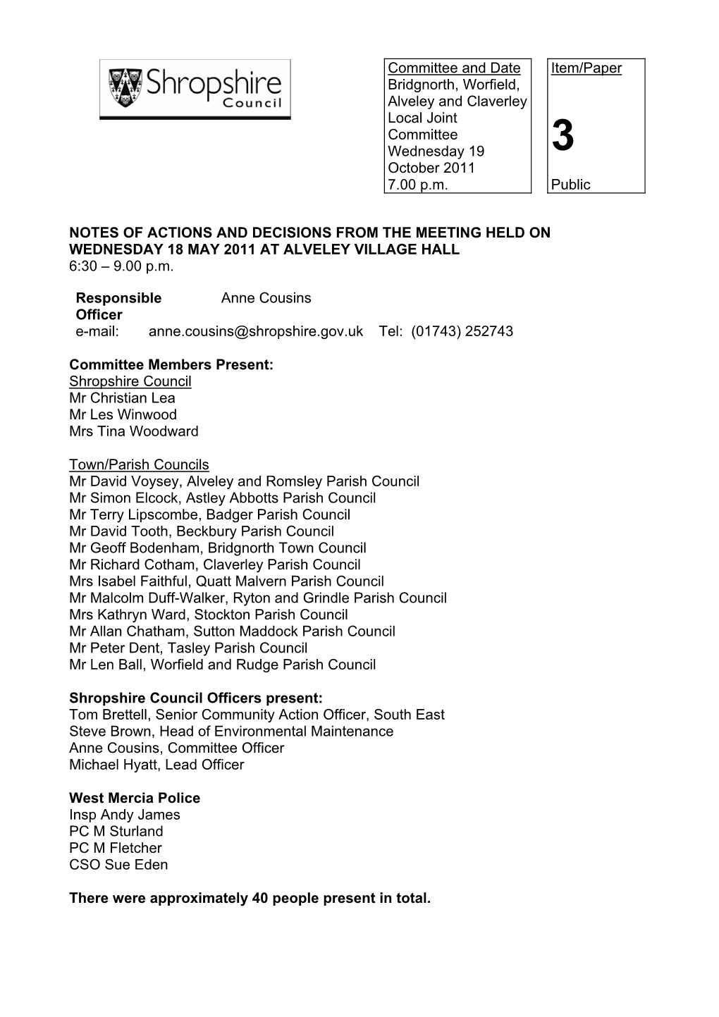 Committee and Date Bridgnorth, Worfield, Alveley and Claverley