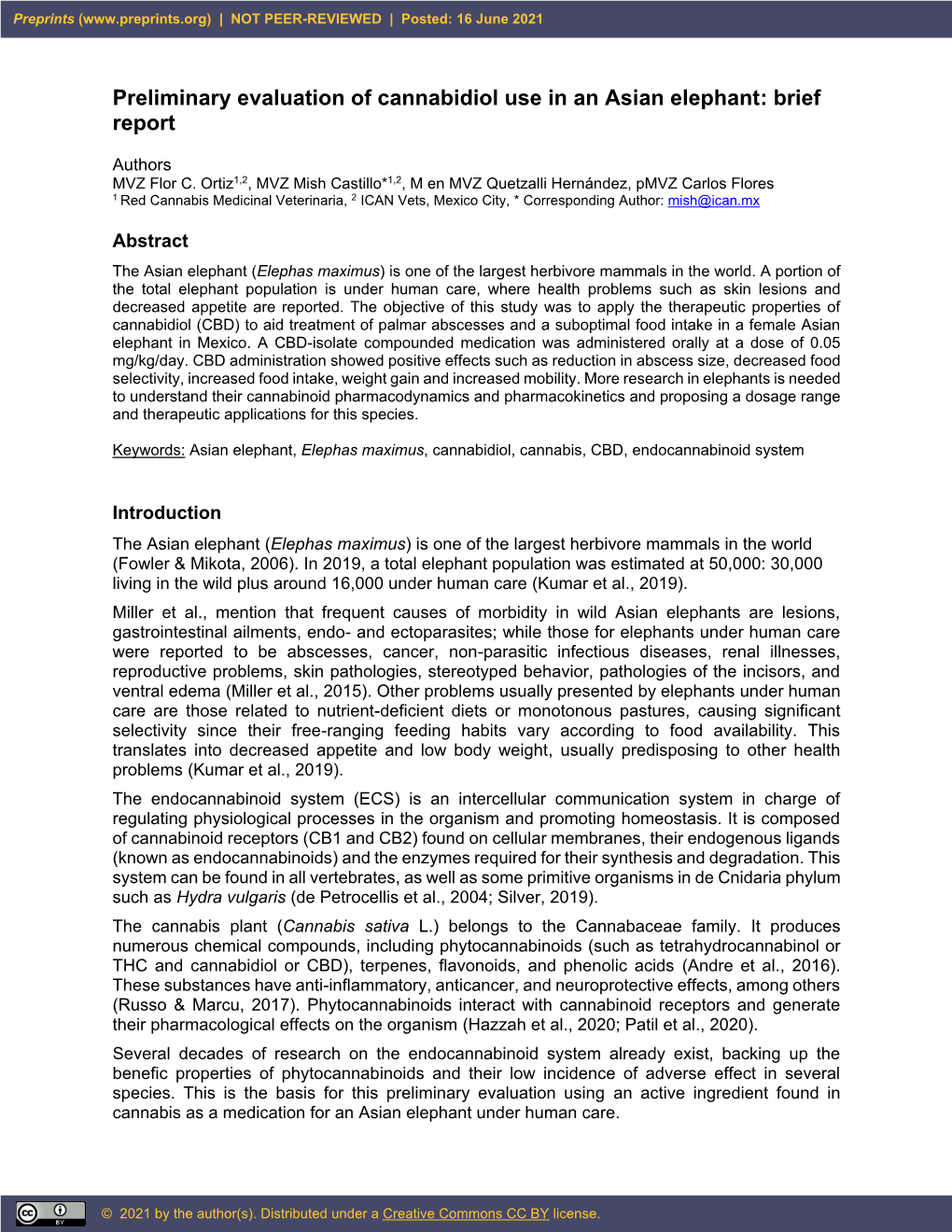 Preliminary Evaluation of Cannabidiol Use in an Asian Elephant: Brief Report