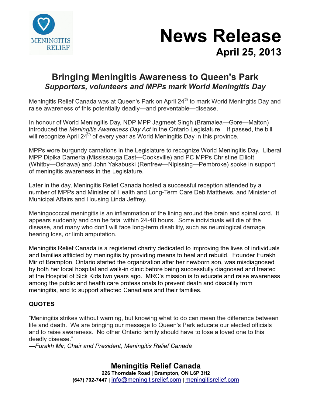 News Release April 25, 2013