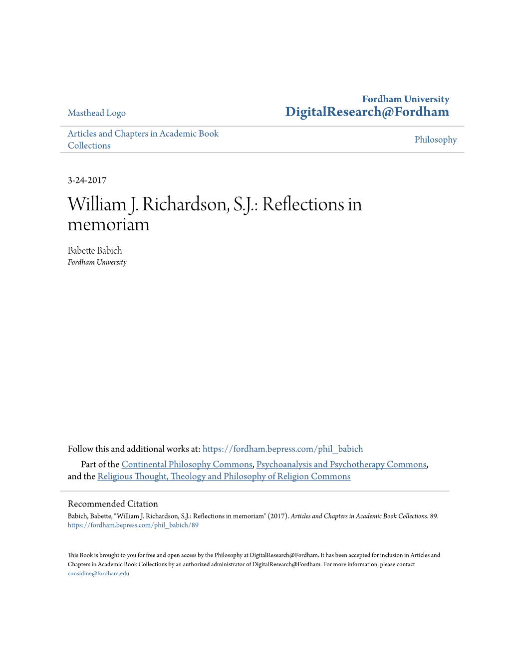 WILLIAM J. RICHARDSON, SJ Hat Mein Leben Über Sechzig Jahre Lang Mitbestimmt Und Mitgestaltet