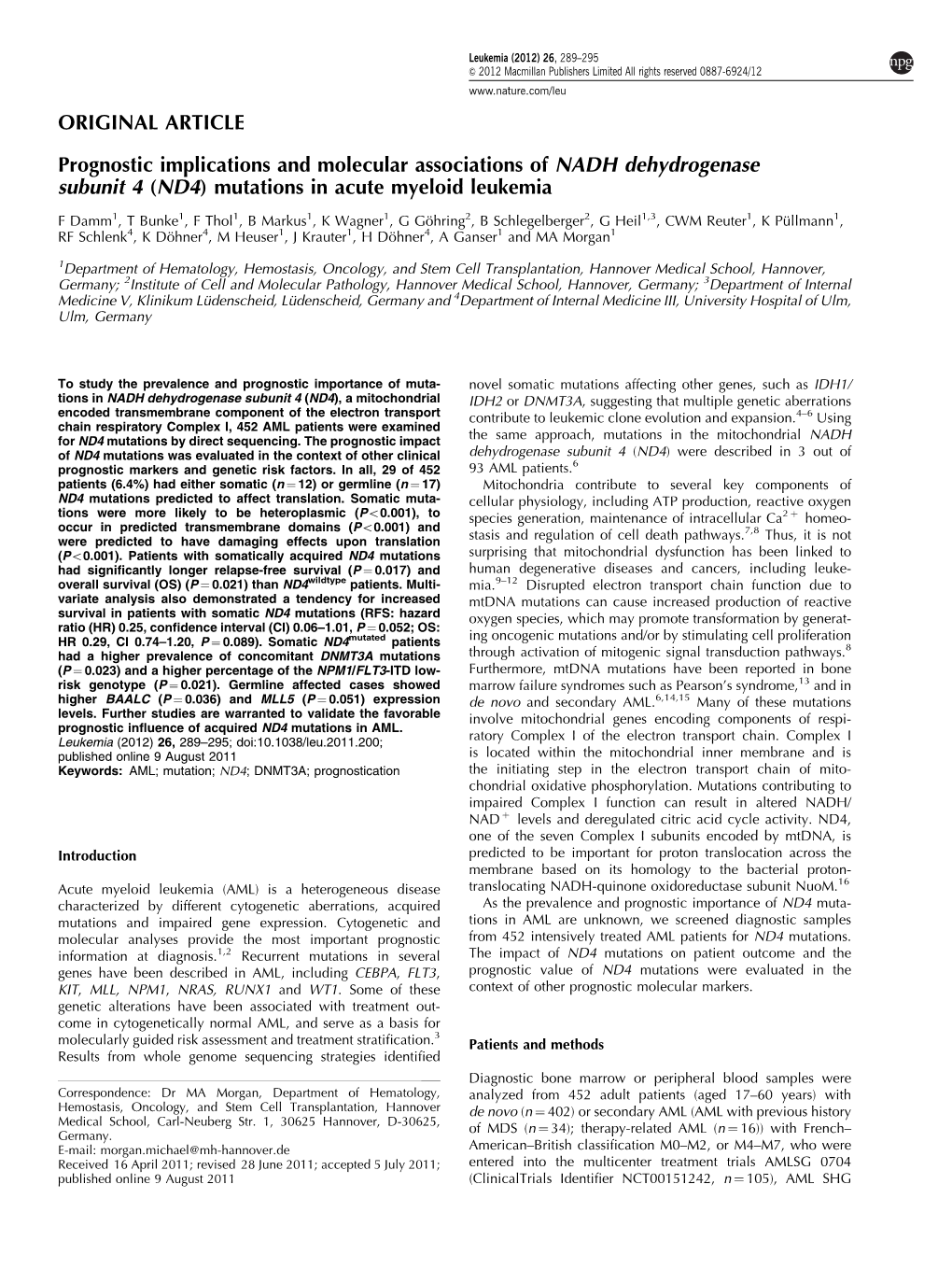 Prognostic Implications and Molecular Associations of NADH Dehydrogenase Subunit 4 (ND4) Mutations in Acute Myeloid Leukemia