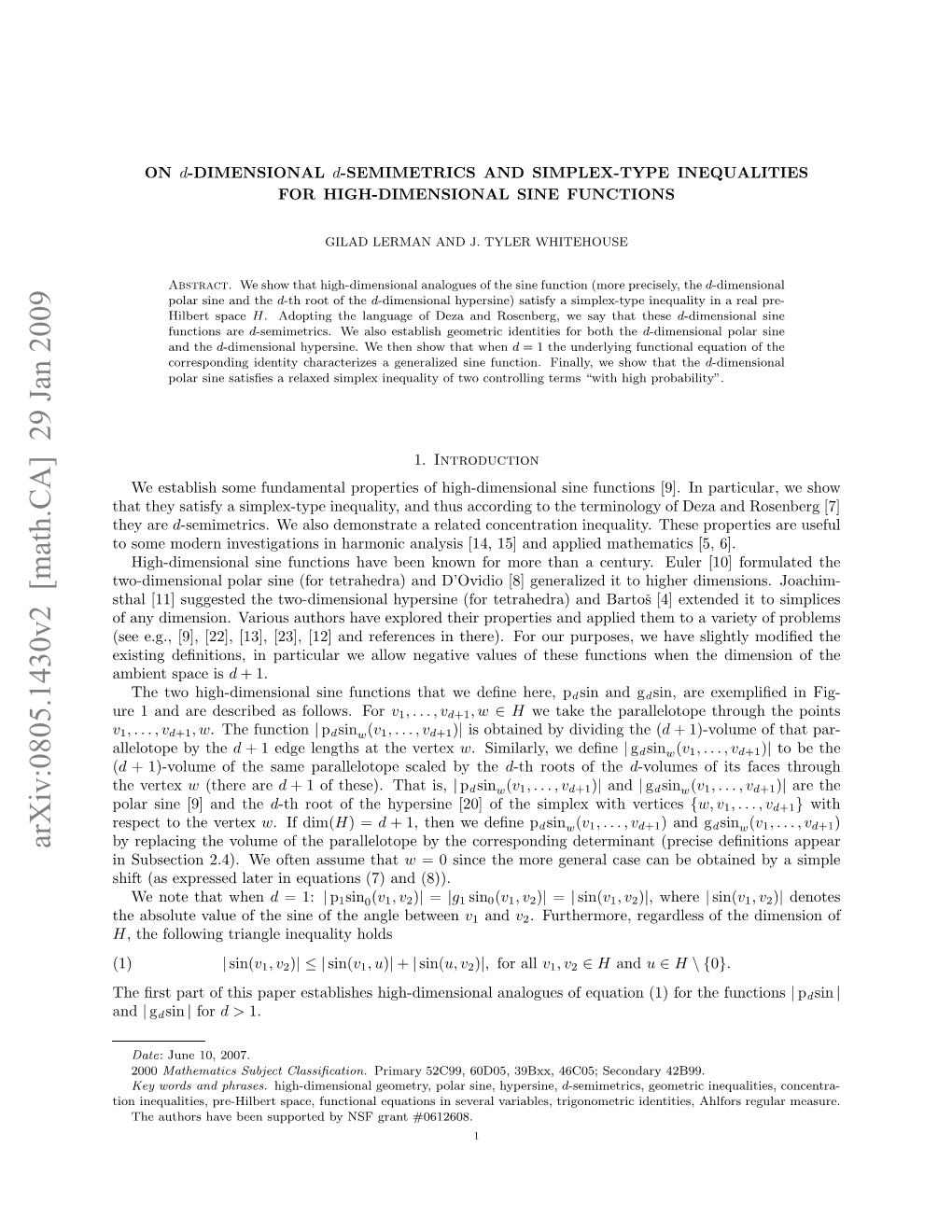 On D-Dimensional D-Semimetrics and Simplex-Type Inequalities for High-Dimensional Sine Functions