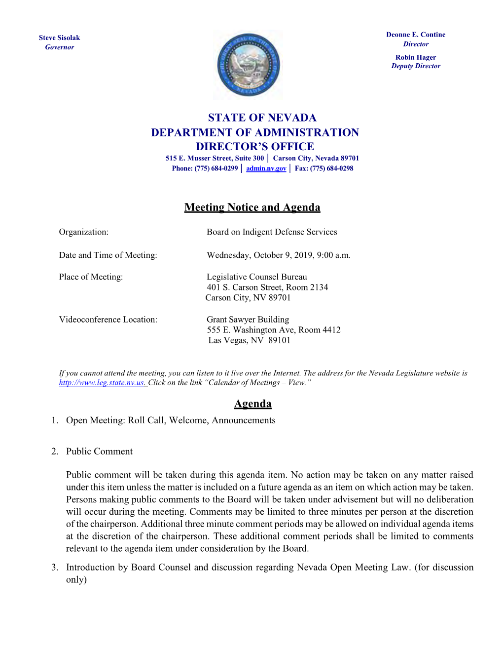 October 9, 2019 Meeting Notice and Agenda State of Nevada