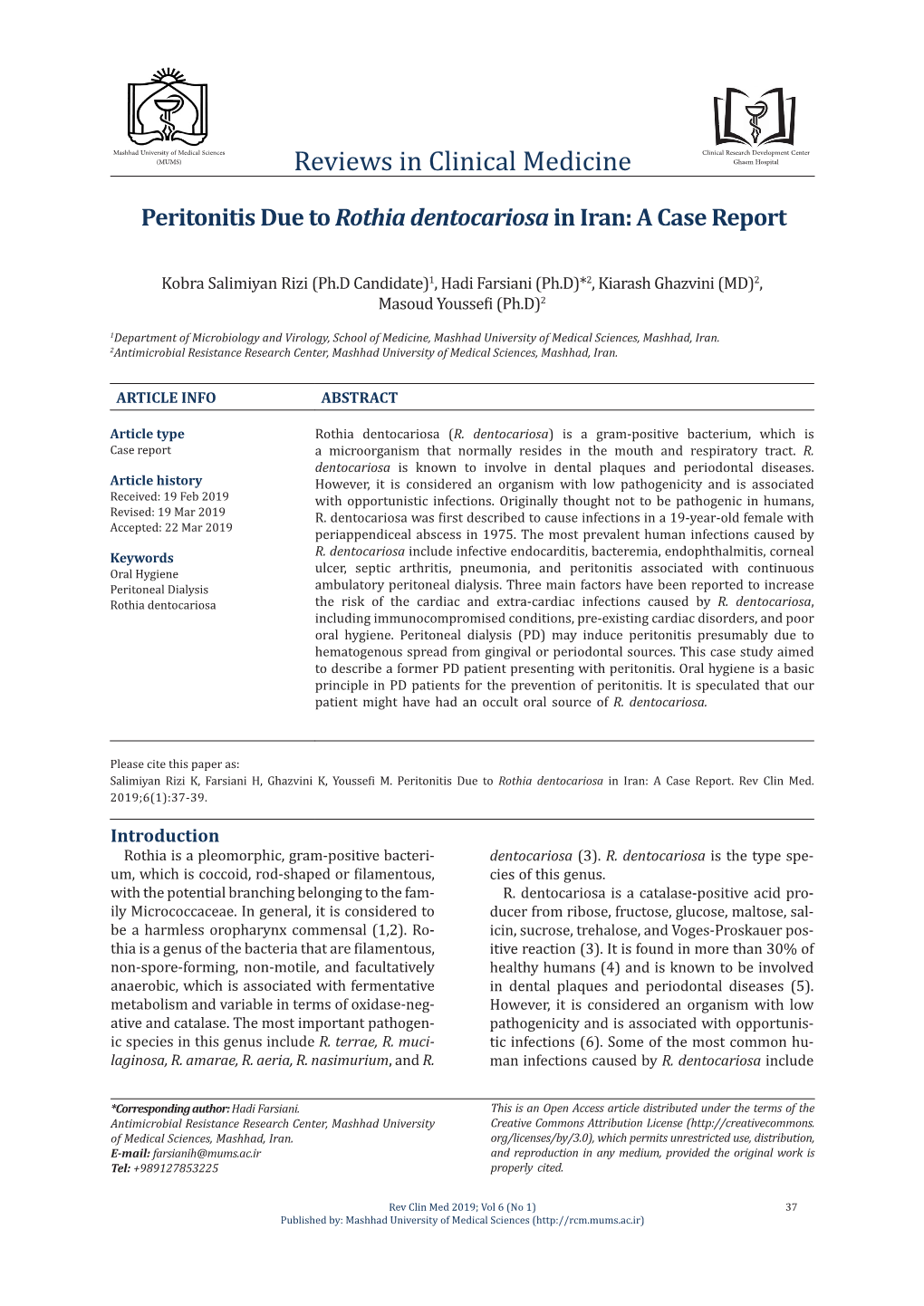 Reviews in Clinical Medicine Ghaem Hospital