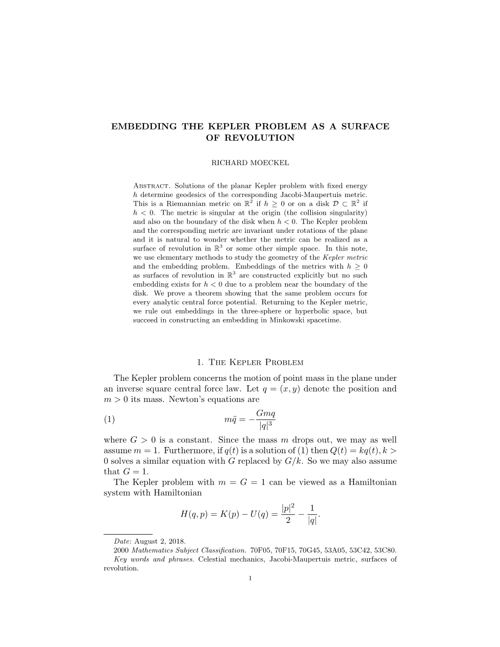 Embedding the Kepler Problem As a Surface of Revolution