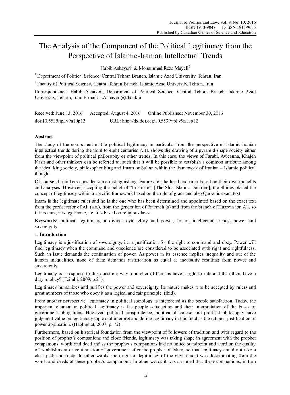 The Analysis of the Component of the Political Legitimacy from the Perspective of Islamic-Iranian Intellectual Trends