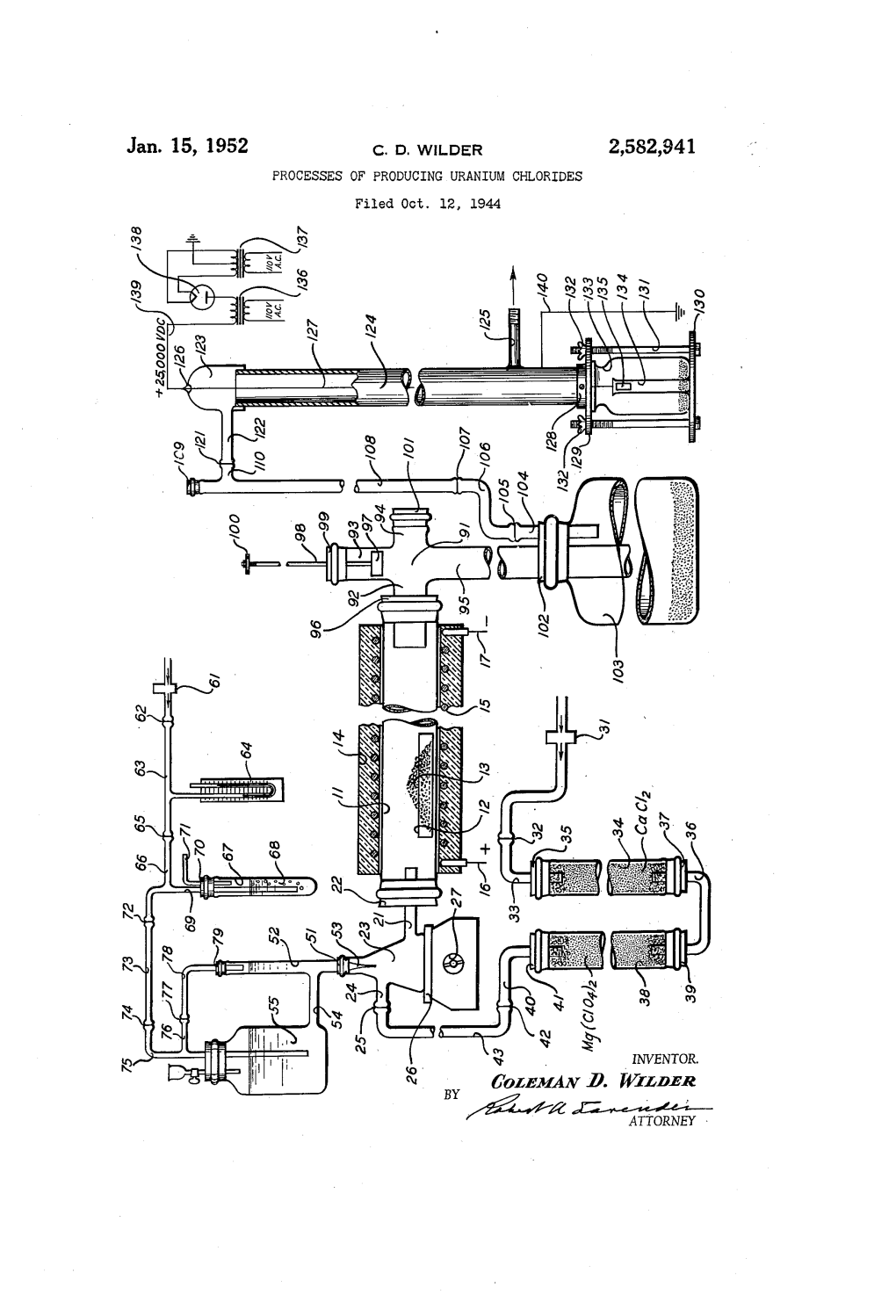 Jan. 15, 1952 C. D., WLDER 2,582,941 PROCESSES of PRODUCING URANIUM CHLORIDES Filed Oct