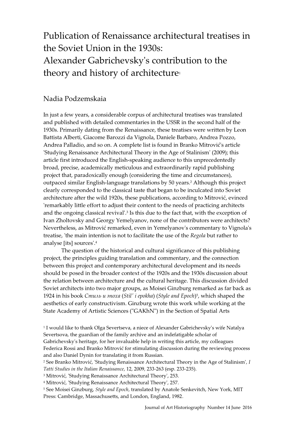 Publication of Renaissance Architectural Treatises in the Soviet Union in the 1930S: Alexander Gabrichevsky's Contribution to the Theory and History of Architecture1