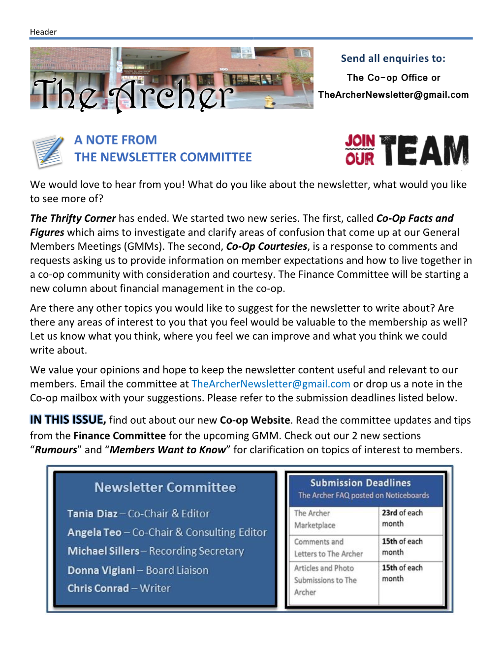 A Note from the Newsletter Committee