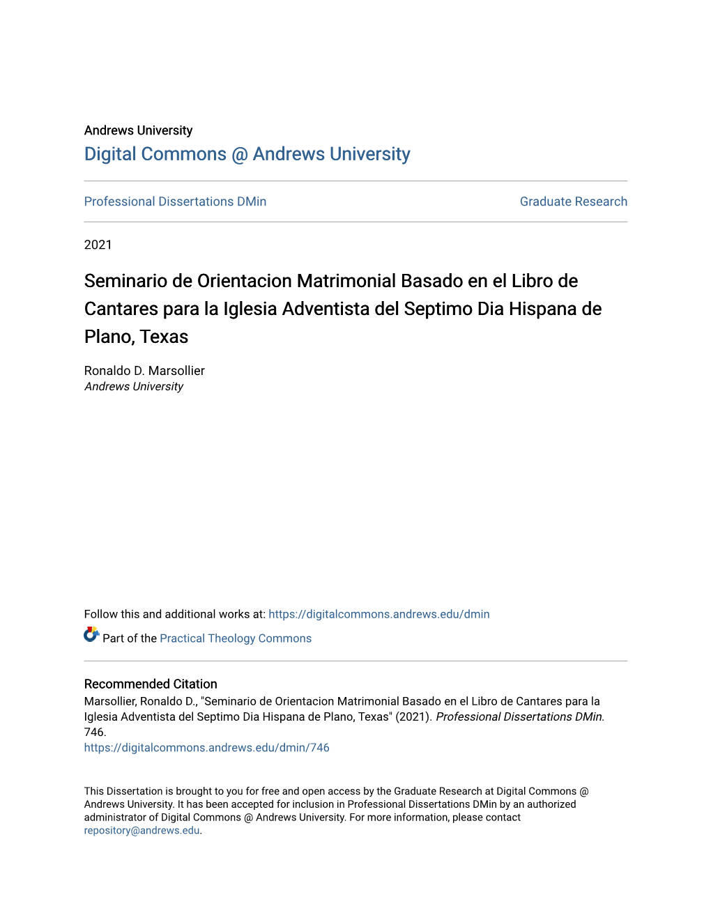 Seminario De Orientacion Matrimonial Basado En El Libro De Cantares Para La Iglesia Adventista Del Septimo Dia Hispana De Plano, Texas