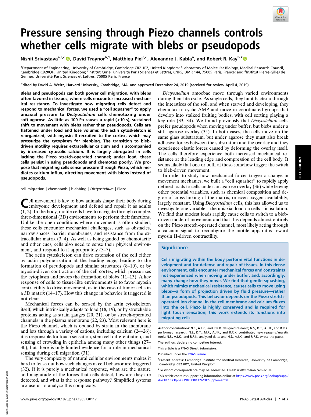 Pressure Sensing Through Piezo Channels Controls Whether Cells Migrate with Blebs Or Pseudopods