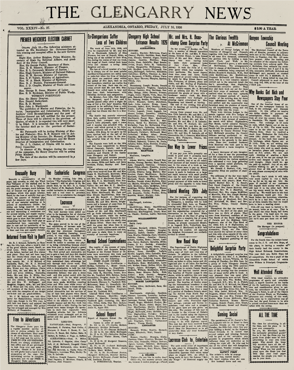 The News Alexandria, Ontario, Friday, July 16, 1926 Vol