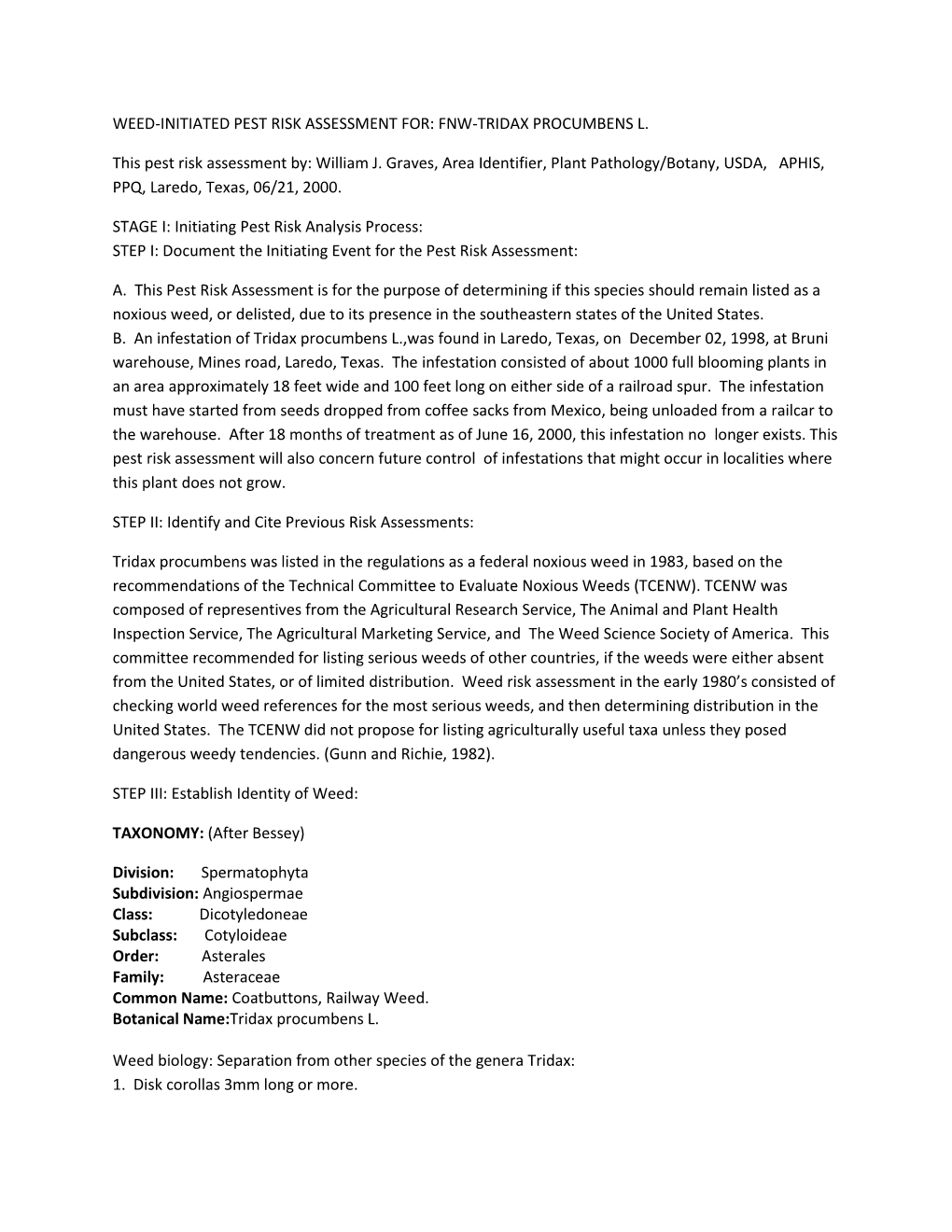 FNW-TRIDAX PROCUMBENS L. This Pest Risk Assessment By