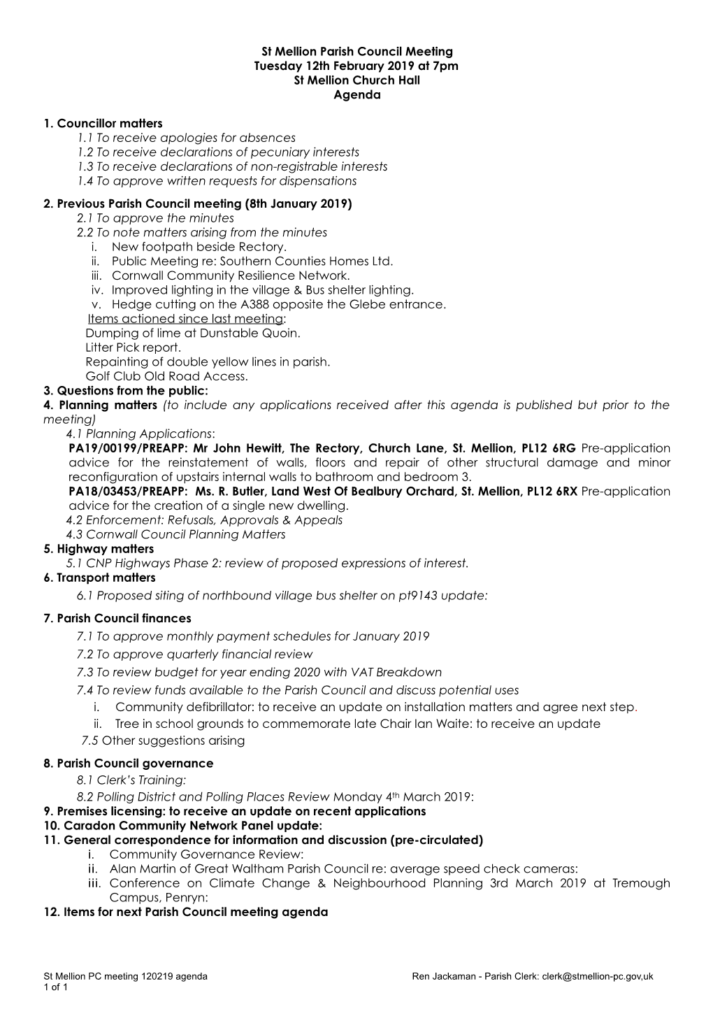 St Mellion PC February 2019 Agenda