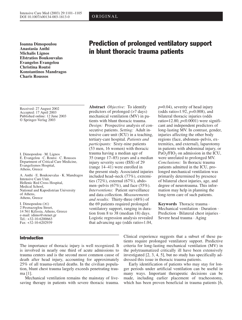 Prediction of Prolonged Ventilatory Support in Blunt Thoracic Trauma