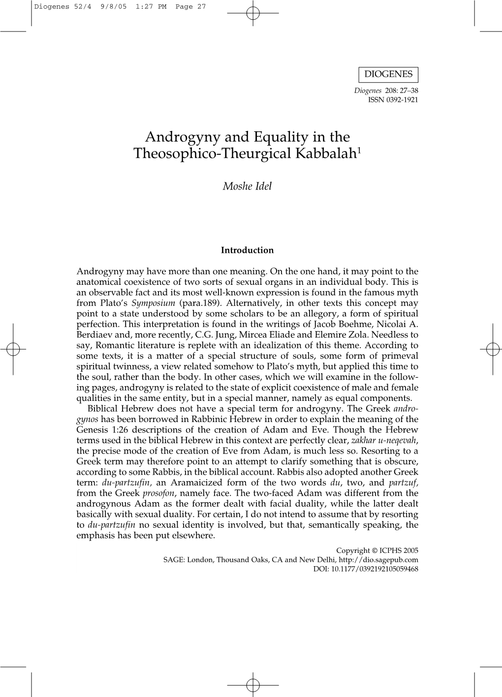 Androgyny and Equality in the Theosophico-Theurgical Kabbalah1