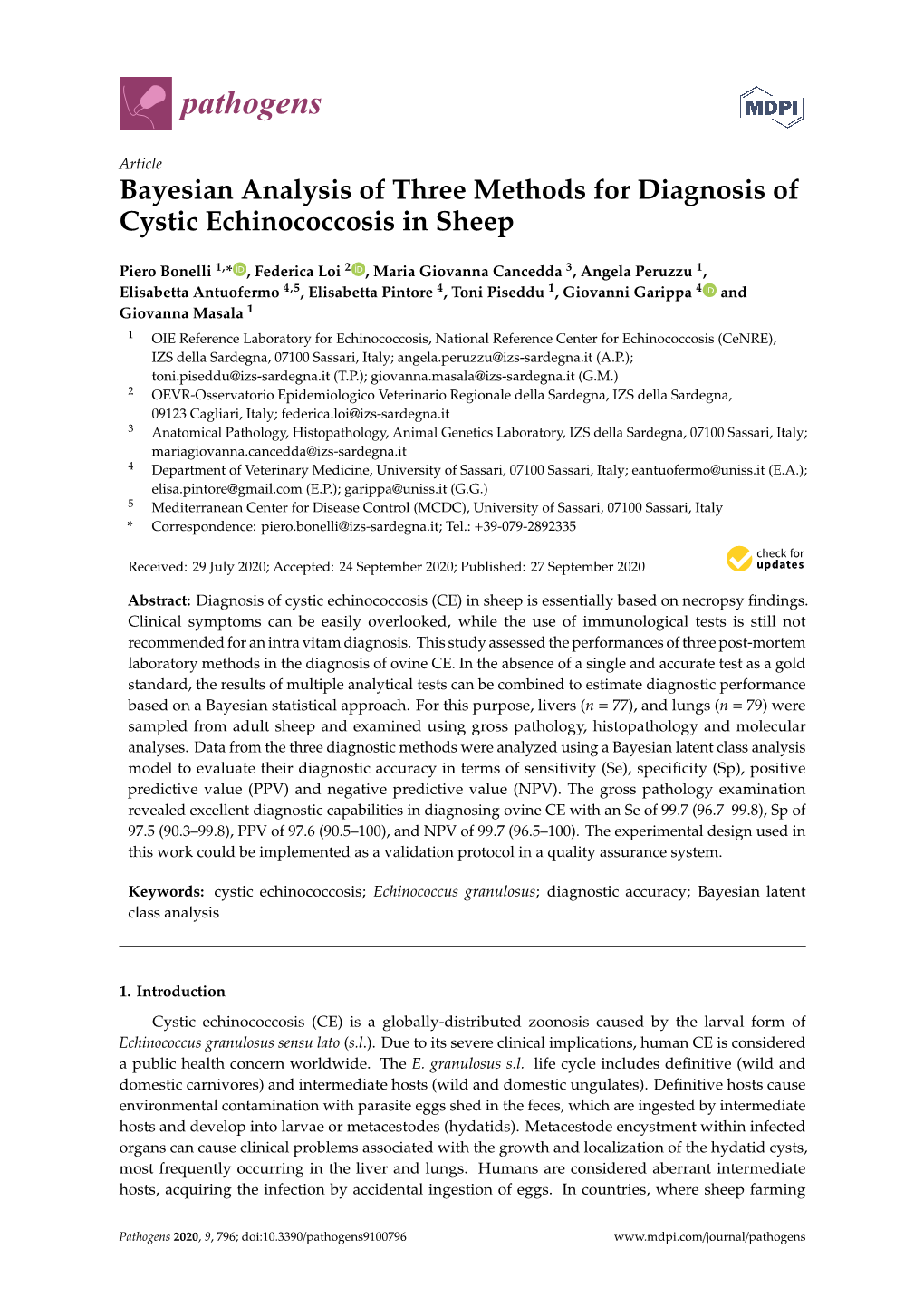 Bayesian Analysis of Three Methods for Diagnosis of Cystic Echinococcosis in Sheep