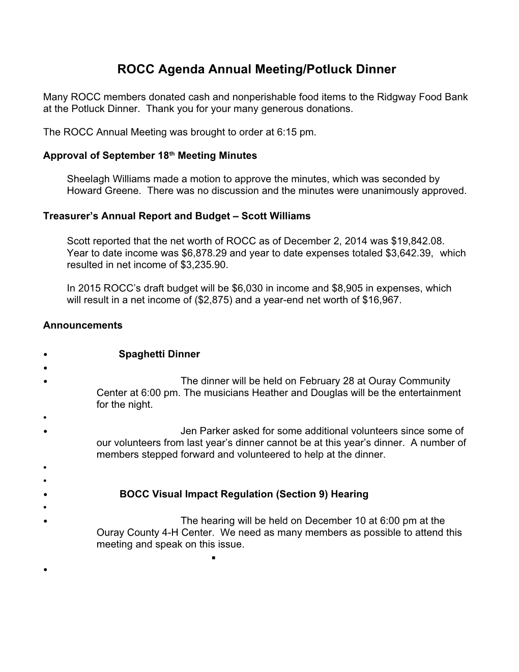 ROCC Agenda Annual Meeting/Potluck Dinner