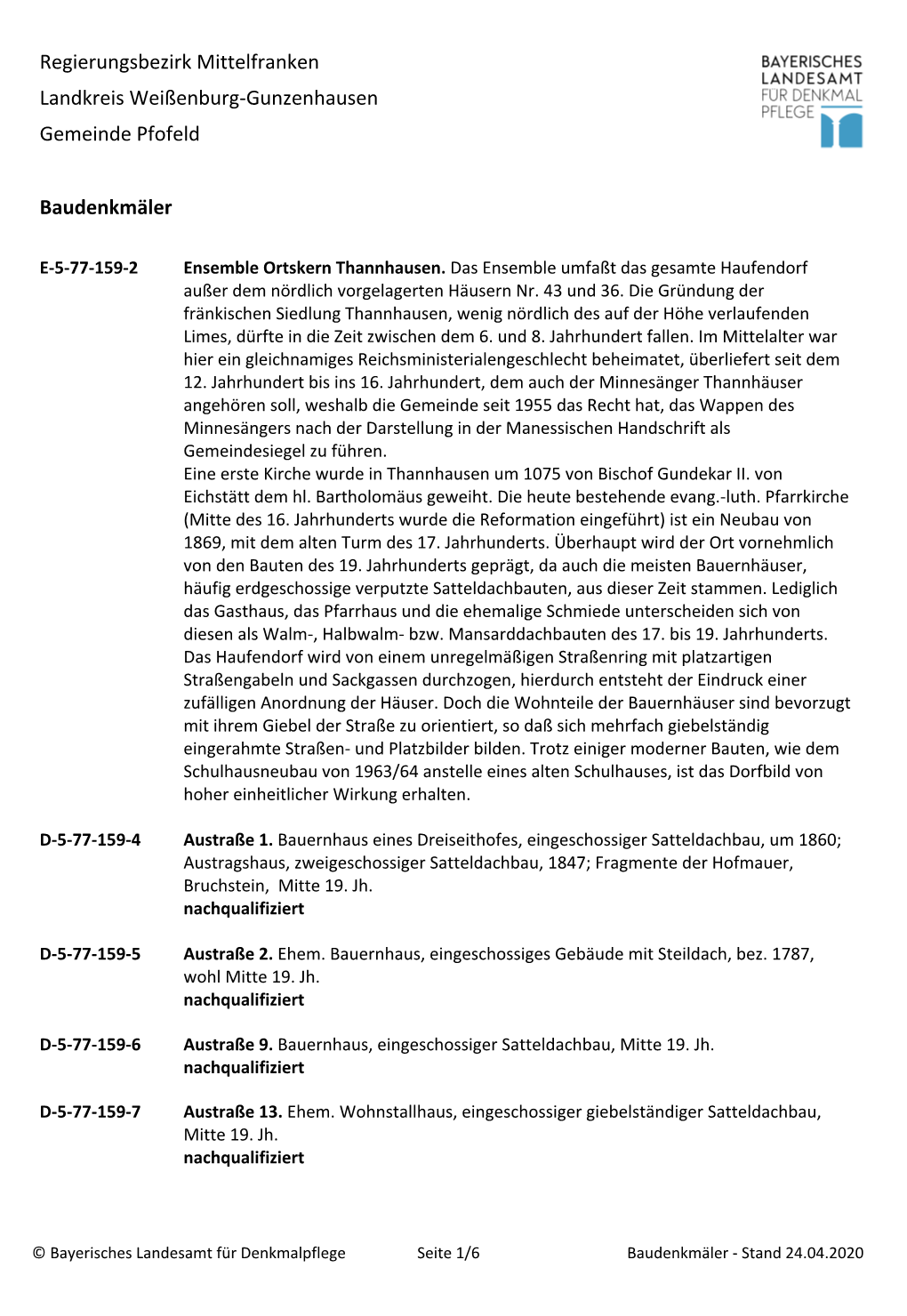 Regierungsbezirk Mittelfranken Landkreis Weißenburg-Gunzenhausen Gemeinde Pfofeld Baudenkmäler