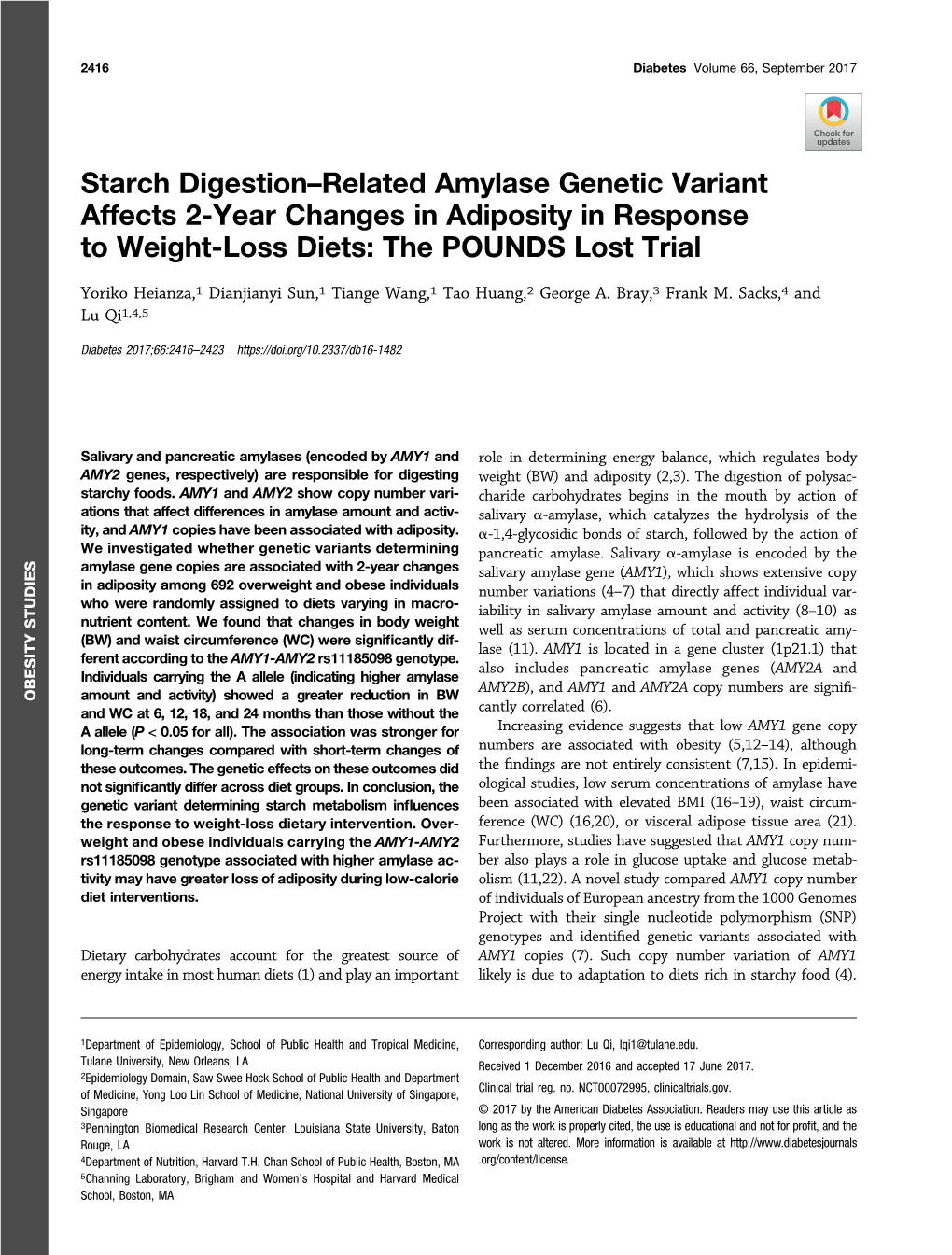 Starch Digestion–Related Amylase Genetic Variant Affects 2-Year Changes in Adiposity in Response to Weight-Loss Diets: the POUNDS Lost Trial