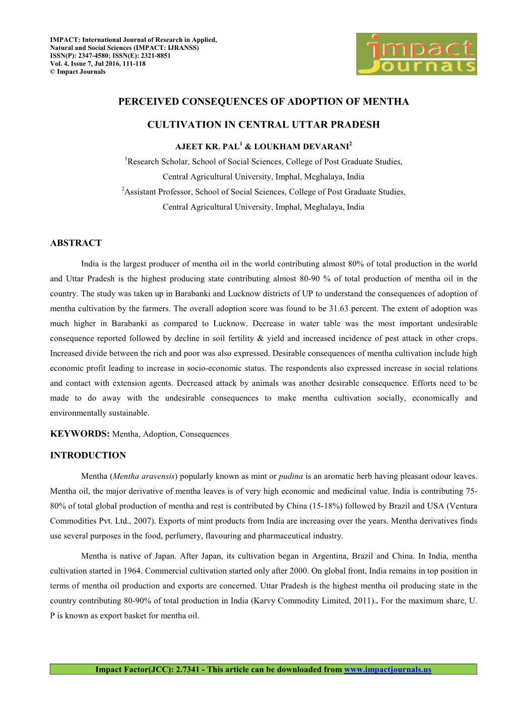 Perceived Consequences of Adoption of Mentha Cultivation in Central Uttar Pradesh 113