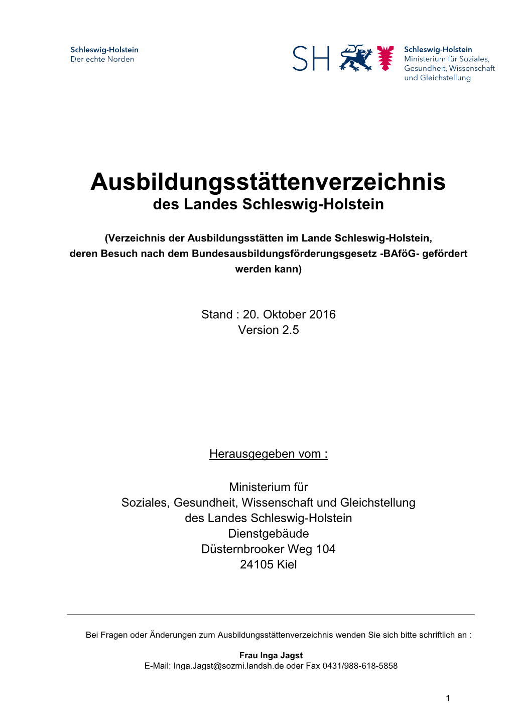 Ausbildungsstättenverzeichnis Des Landes Schleswig-Holstein