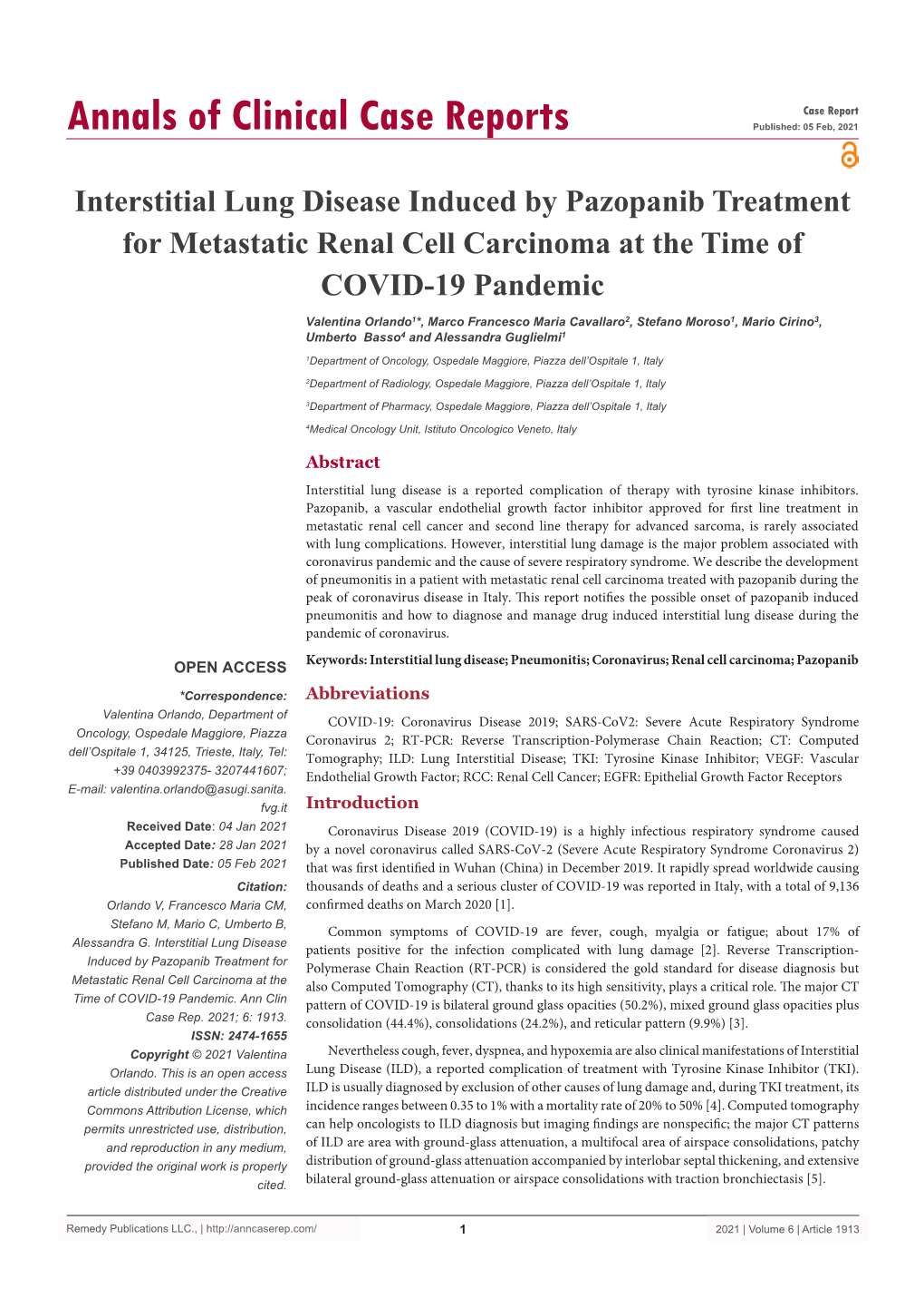 Interstitial Lung Disease Induced by Pazopanib Treatment for Metastatic Renal Cell Carcinoma at the Time of COVID-19 Pandemic