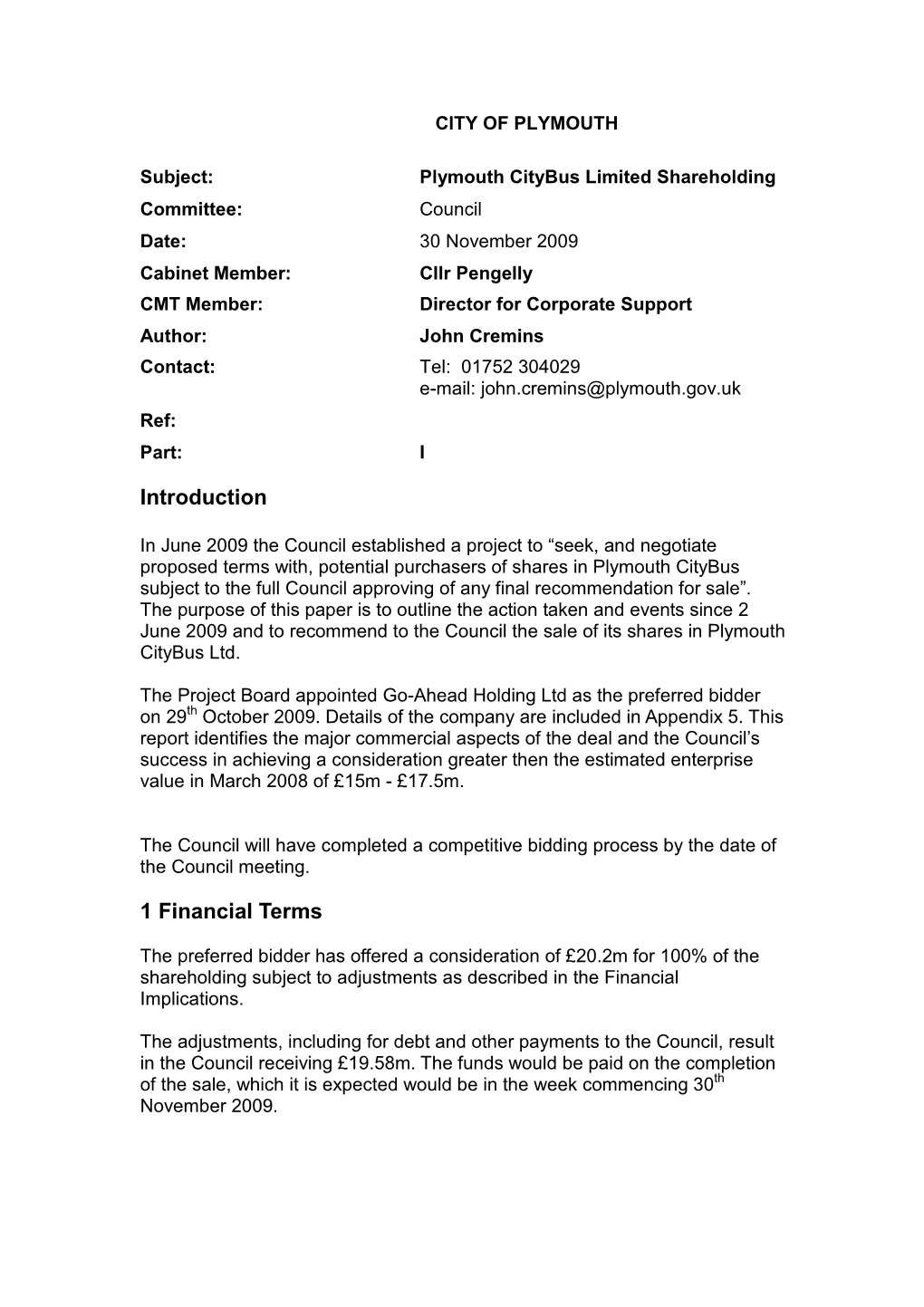 Plymouth Citybus Ltd Shareholding Report , Item 67. PDF 125 KB
