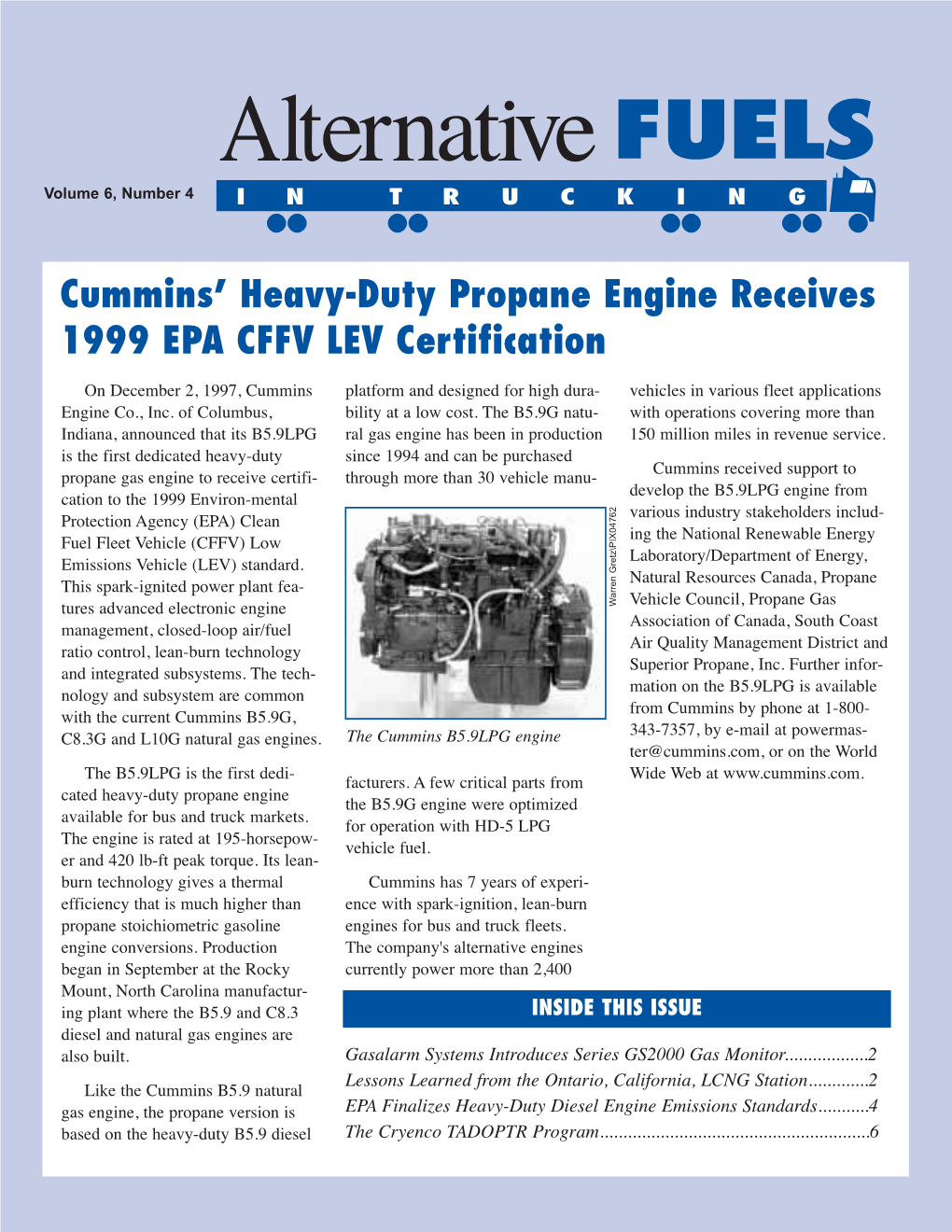 Cummins' Heavy-Duty Propane Engine Received 1999 EPA CFFV LEV Certification