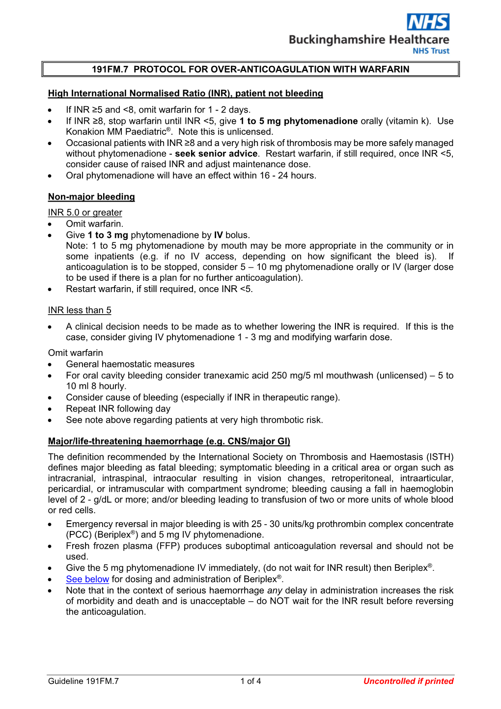 Guideline 191FM Protocol for Over-Anticoagulation with Warfarin