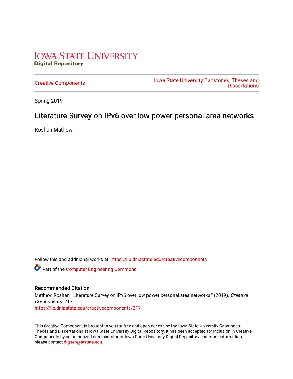 Literature Survey on Ipv6 Over Low Power Personal Area Networks